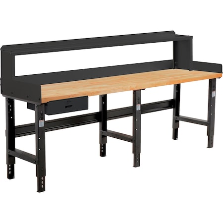 Global Industrial 96 x 36 Adj Height Workbench w/Drawer&Riser, Black- Maple Square Edge Top 319088BBK